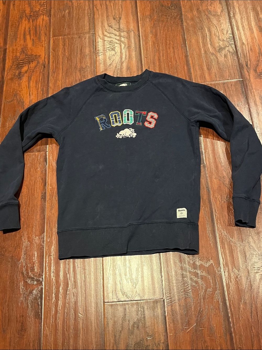 Roots Navy Crewneck with Multicolor Appliqué